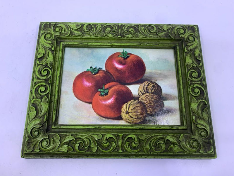 VTG TOMATOES AND WALNUTS IN GREEN SCROLL FRAME WALL HANGING.