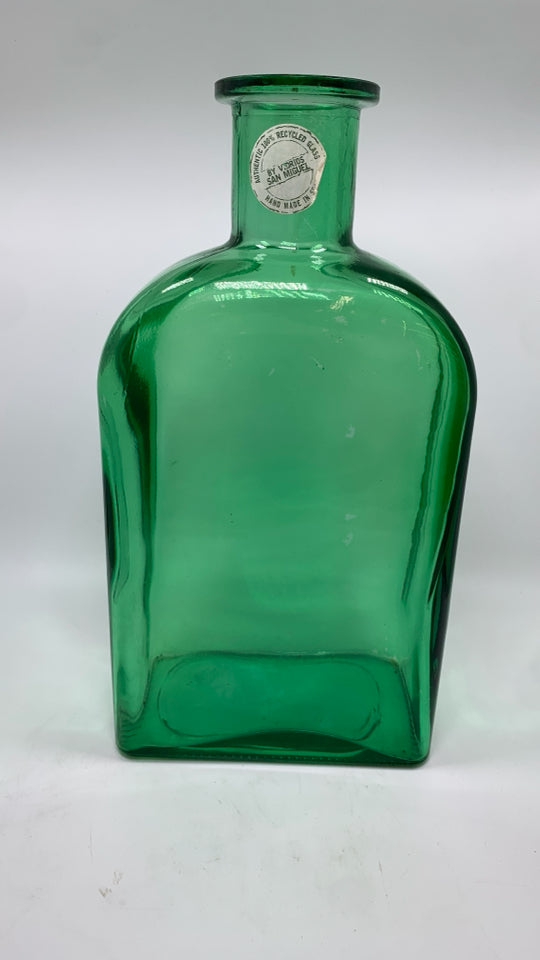 LARGE GREEN RECYCLED GLASS BOTTLE VASE.