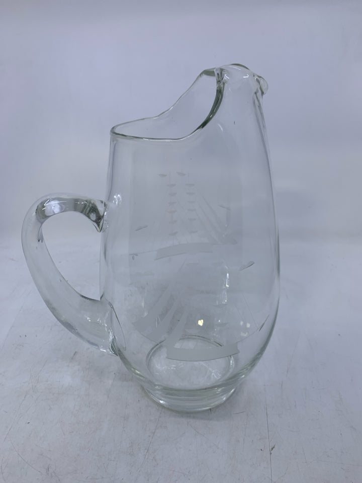 CLEAR GLASS PITCHER W/ ETCHED SAIL BOAT ICE LIP.