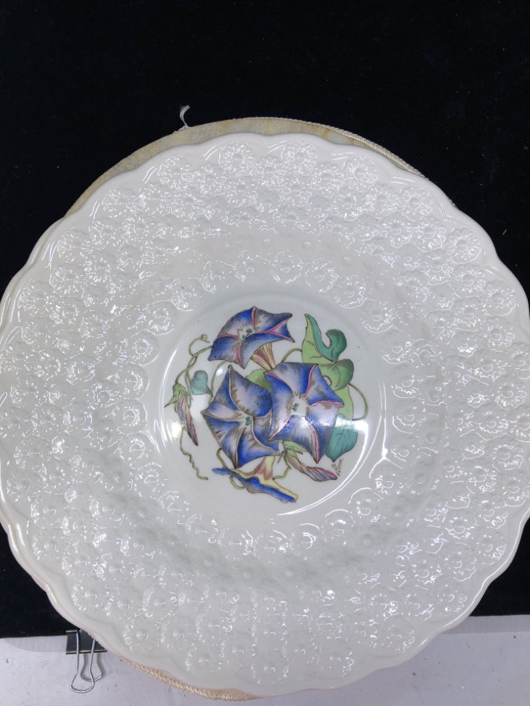 VTG 13 WHITE EMBOSSED FLORAL PLATES.