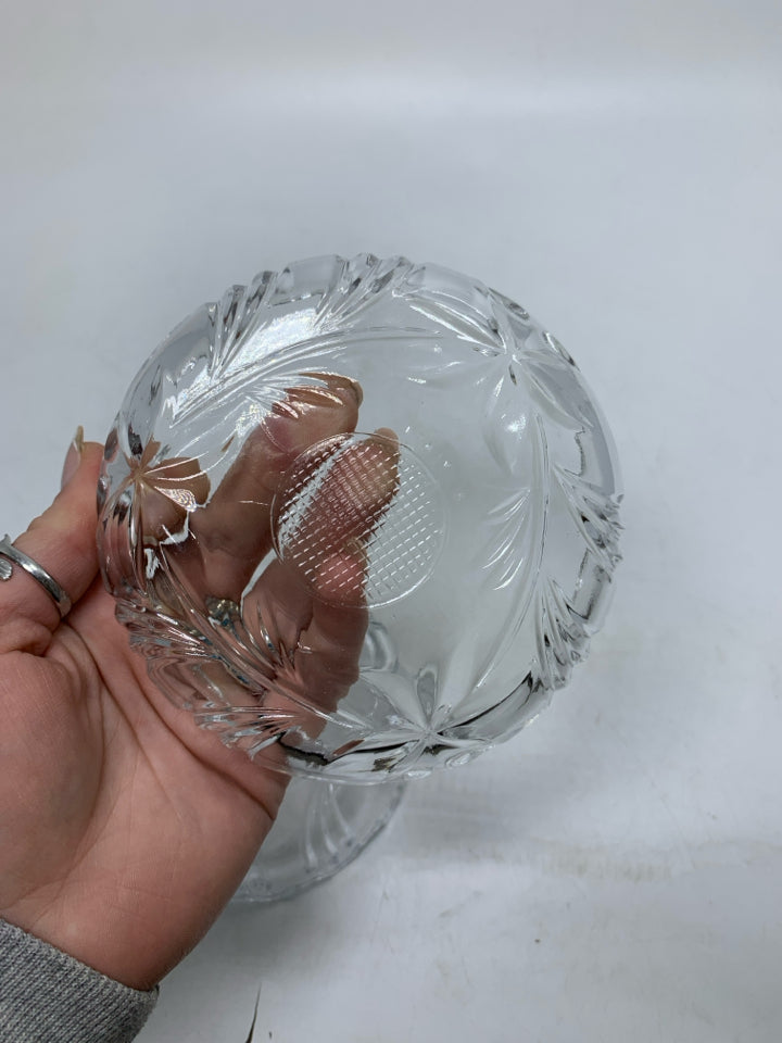 CLEAR GLASS APPLE SHAPED NUT BOWL W/ EMBOSSED FLOWERS.