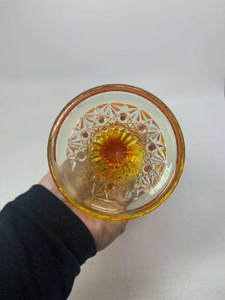 VTG LONG STEM FOOTED AMBERINA COVERED CANDY DISH.