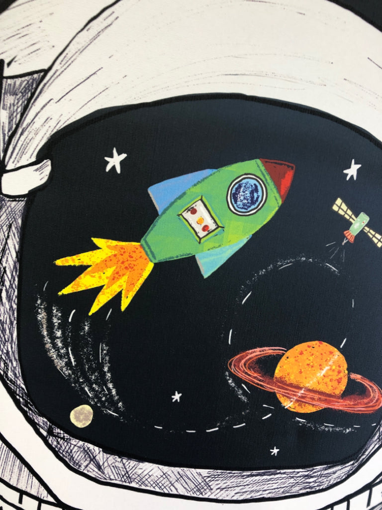 ASTRONAUT CANVAS IN GREY WOOD FRAME.