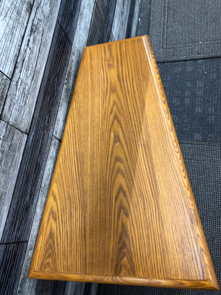 NARROW ANGLED WOOD END TABLE W/LOWER SHELF.