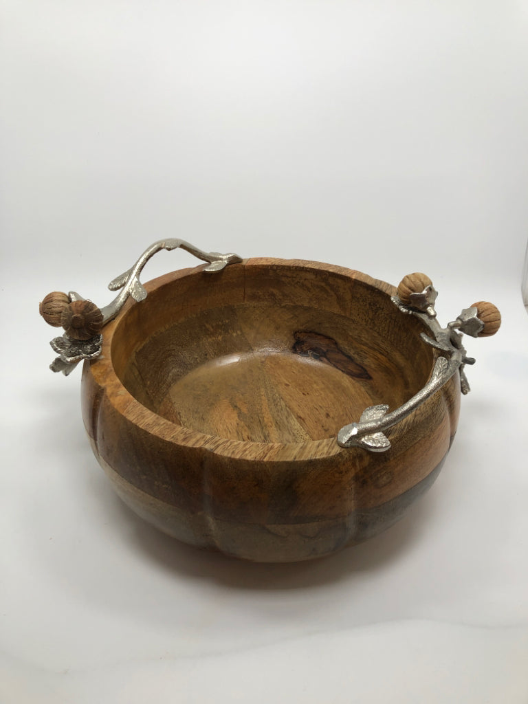 WOOD CARVED BOWL W/METAL ACORN DETAILS.