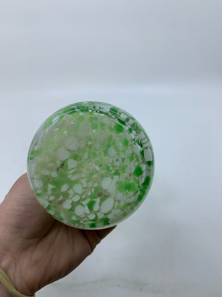 LIGHT GREEN BLOWN GLASS VASE W/ FLARED EDGE WHITE SPOTS.