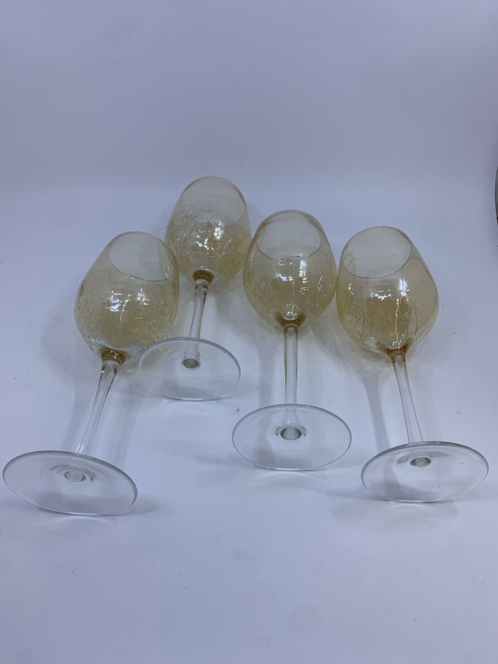 4 ORANGE CRACKLE GLASS WINE GLASSES.