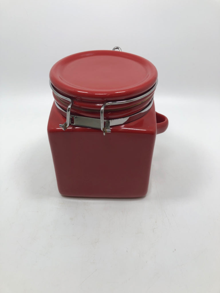 RED CERAMIC LOCKING FLIP TOP CANISTER W/HANDLE *NO SPOON.