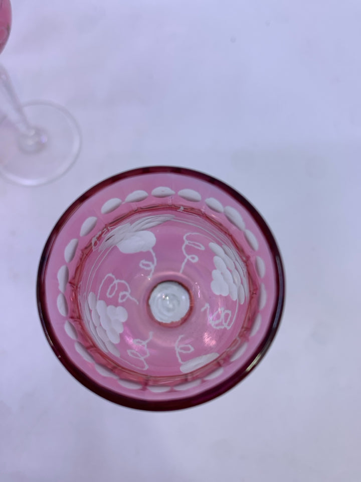8 PINK CORDIAL GLASSES W/EMBOSSED GRAPES.