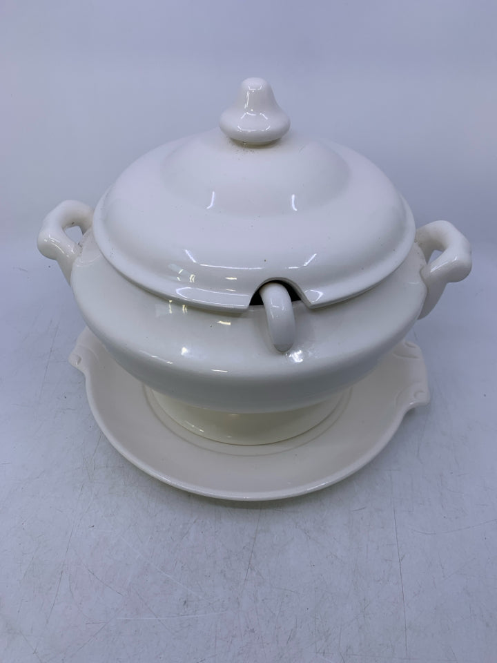 CREAM 3 PC CERAMIC SOUP TUREEN DRIP PLATE + SPOON.