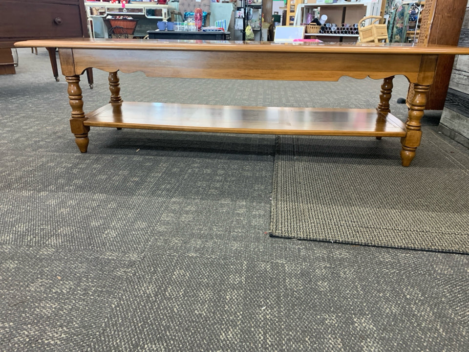 BLONDE WOOD 2 TIER COFFEE TABLE W/ DRAWER- CONANT BALL FURNITURE.