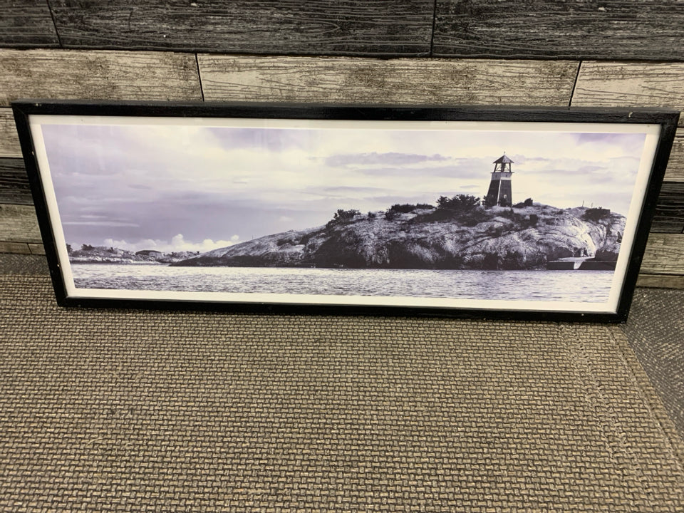 BLACK WHITE LIGHTHOUSE PHOTO IN BLACK WOOD FRAME.