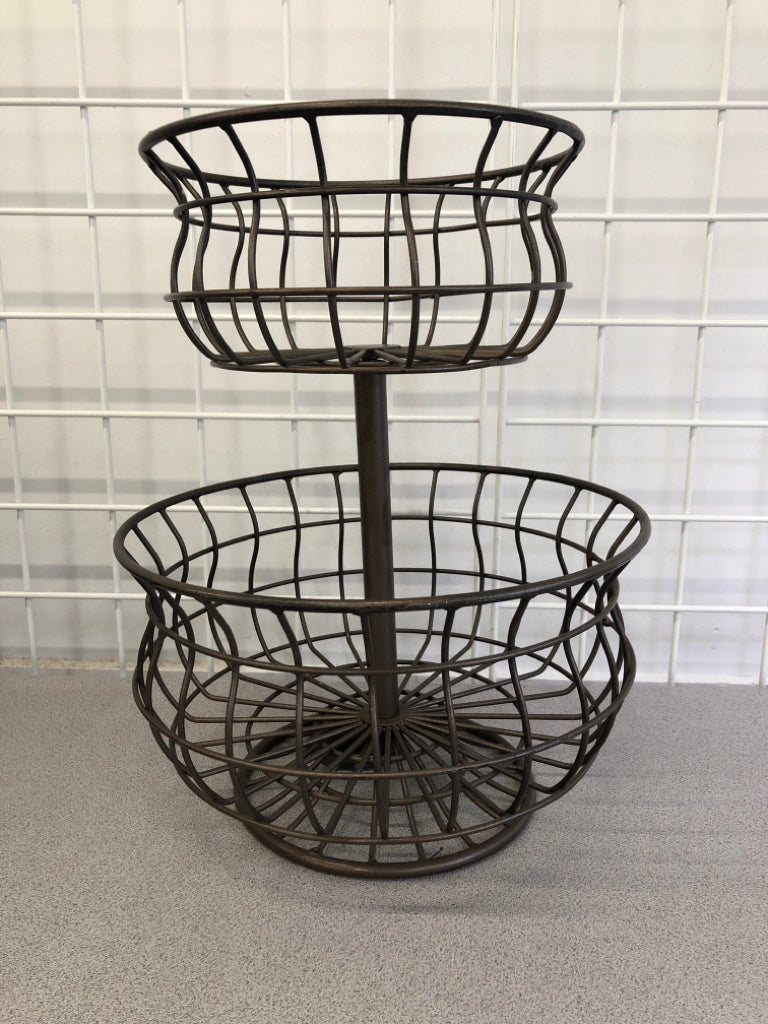 2-TIER CURVED GRAY METAL FRUIT BASKET.
