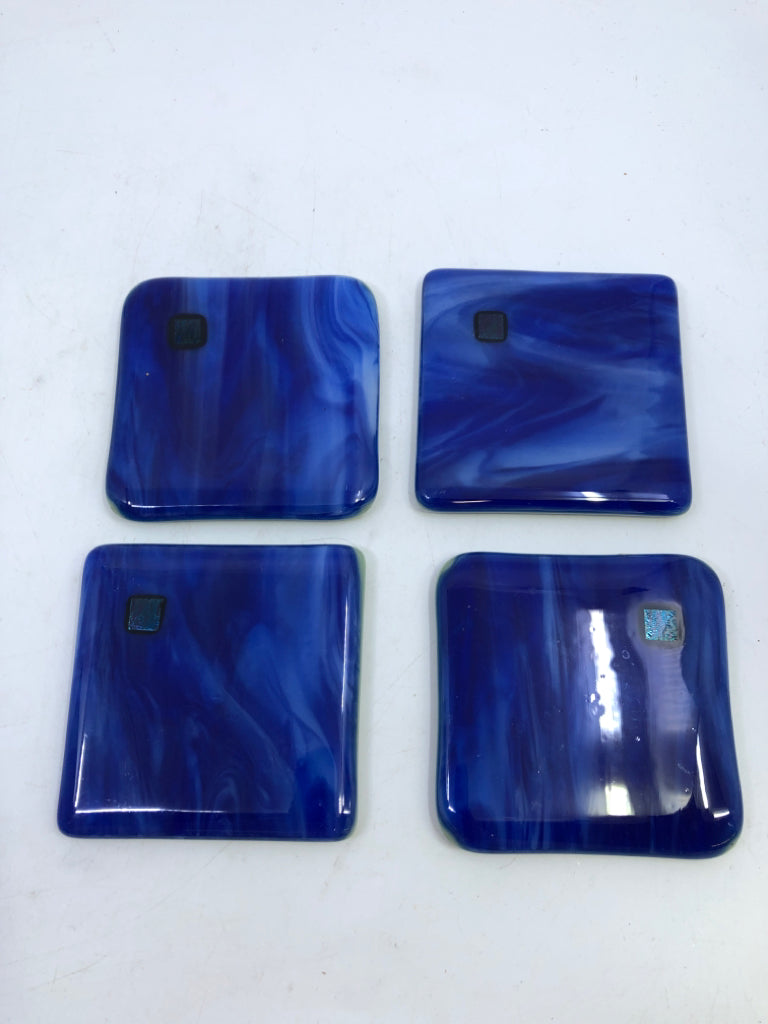 4 COBALT BLUE BLOWN GLASS SQUARE COASTERS.