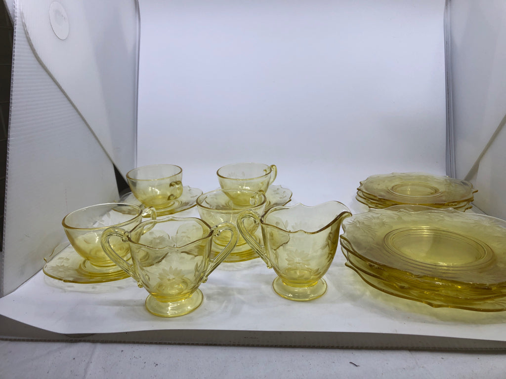 18PC VTG YELLOW DEPRESSION GLASS EMBOSSED FLOWERS DINNER SET.
