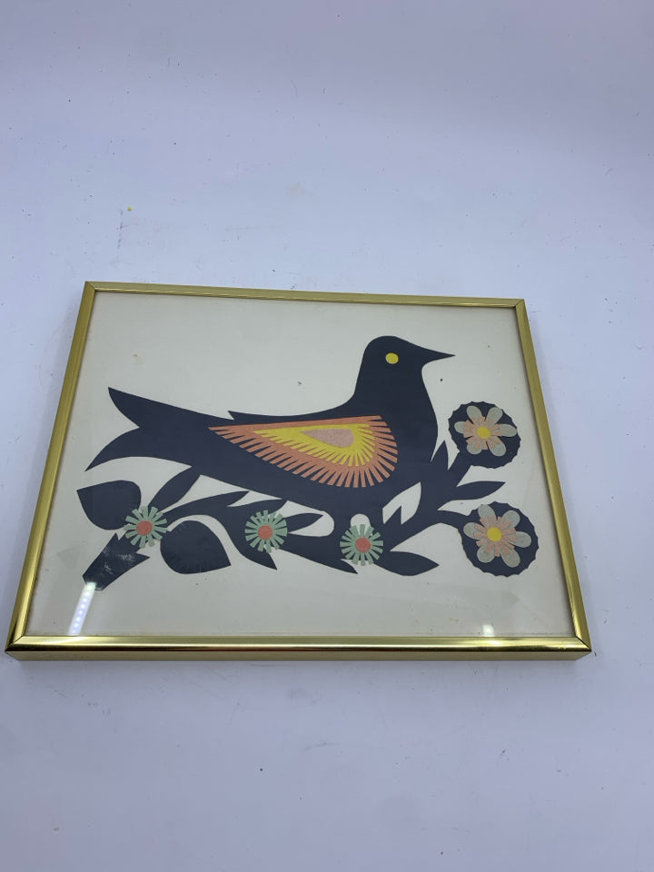POLISH FORK ART BLACK BIRD ON FLOWER WALL ART GOLD FRAME.