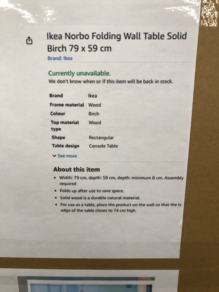 NIB NORBO FOLDING WALL TABLE SOLID BIRCH.