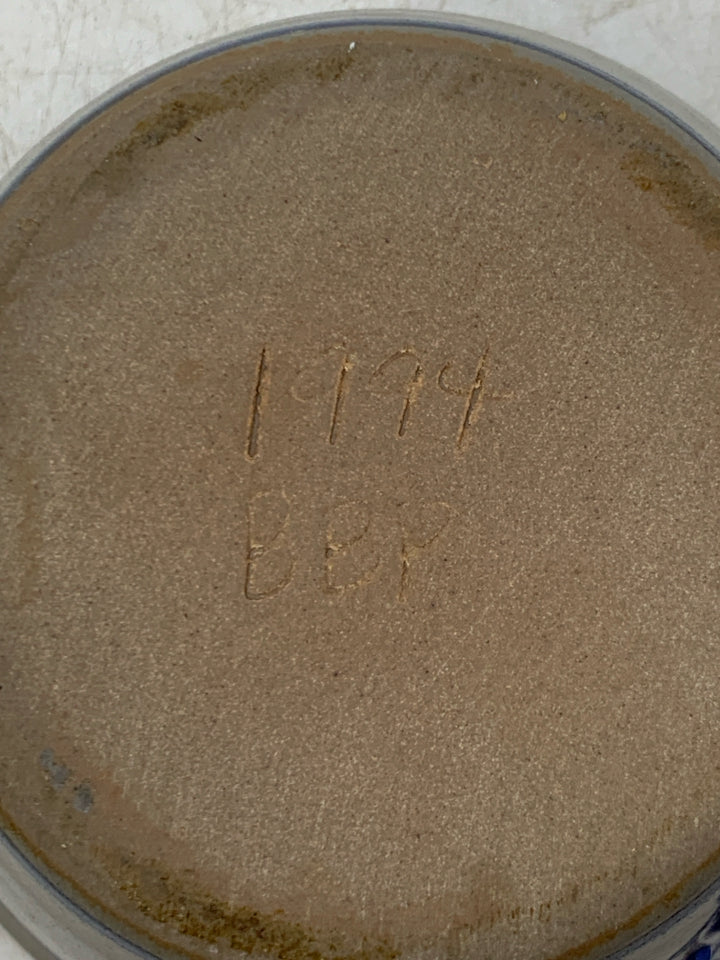 SMALL CROCK W/ BLUE EMBOSSED HEART.