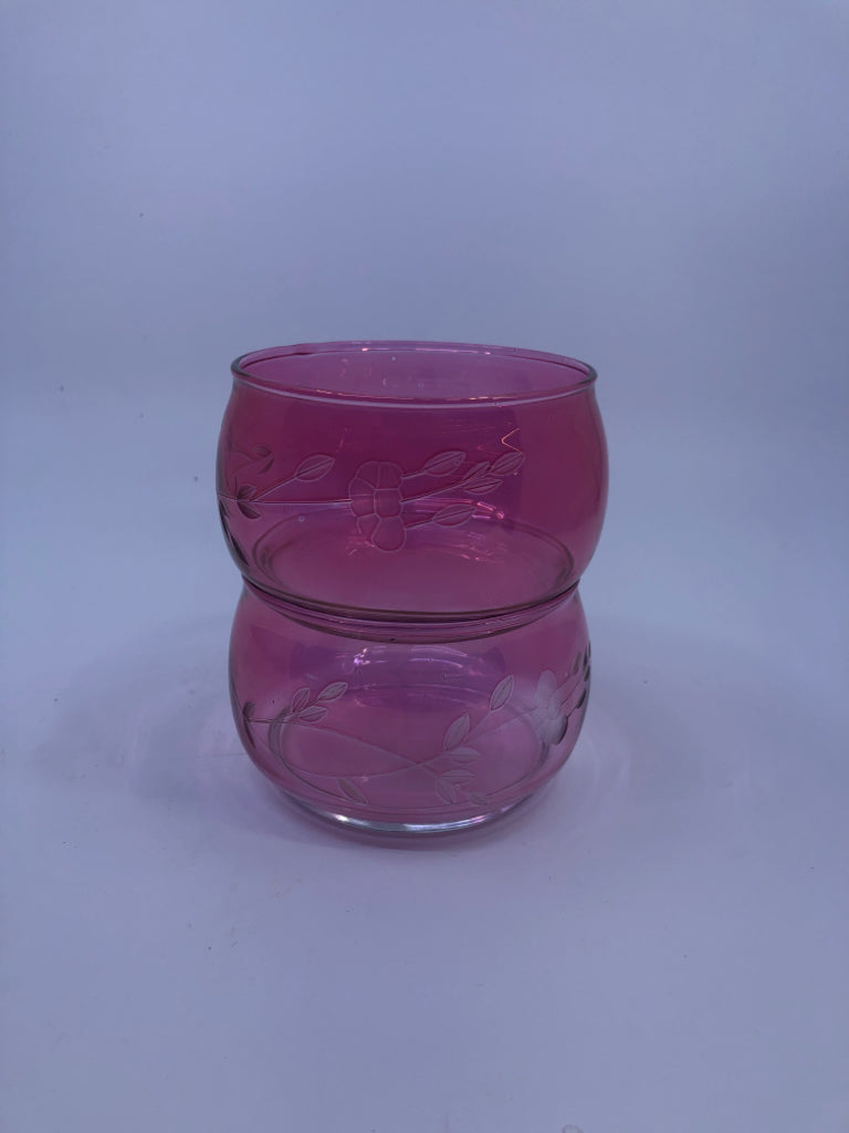 2 LIGHT PINK EMBOSSED GLASS CANDLE HOLDERS.