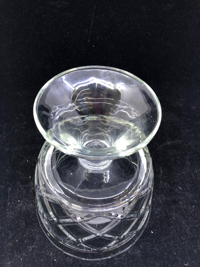 GLASS TRIFLE DISH W/ EMBOSSED X DETAIL.