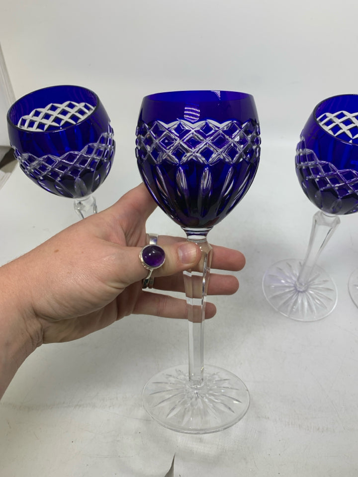 4 LONG STEM CRYSTAL COBALT BLUE WINE GLASSES.