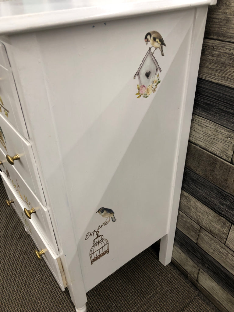 SMALL 4 DRAWER REFURBISHED DRESSER W/ BIRD + NESTS DETAILS GOLD HARDWARE.
