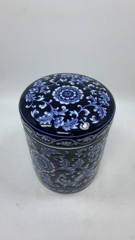 CERAMIC CANISTER W/BLUE FLORALS.