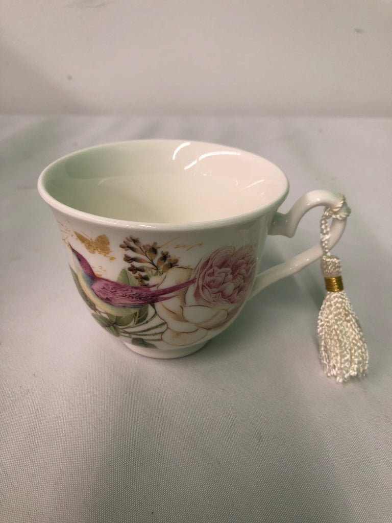 NIB CUP AND SAUCER ROSE W/ PINK BIRD IN GIFT BOX