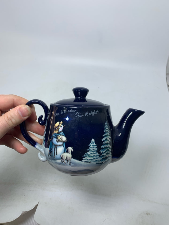 NIGHT SCENE SNOWMAN TRAVELING W/ SHEEP SMALL NAVY TEAPOT.