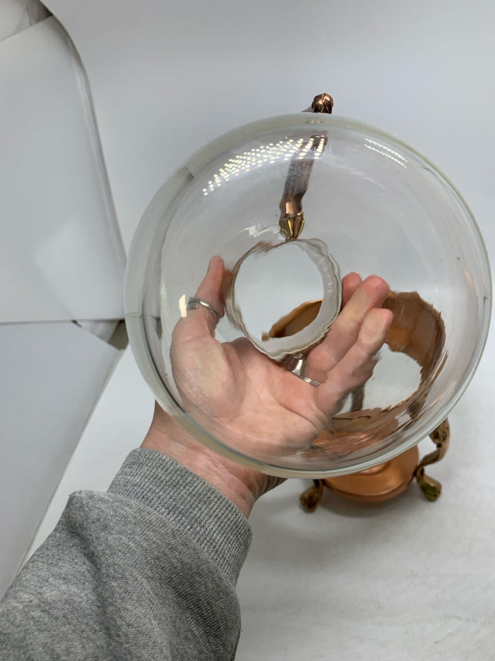 VTG GLASS + COPPER COFFEE POT WITH WARMING STAND.