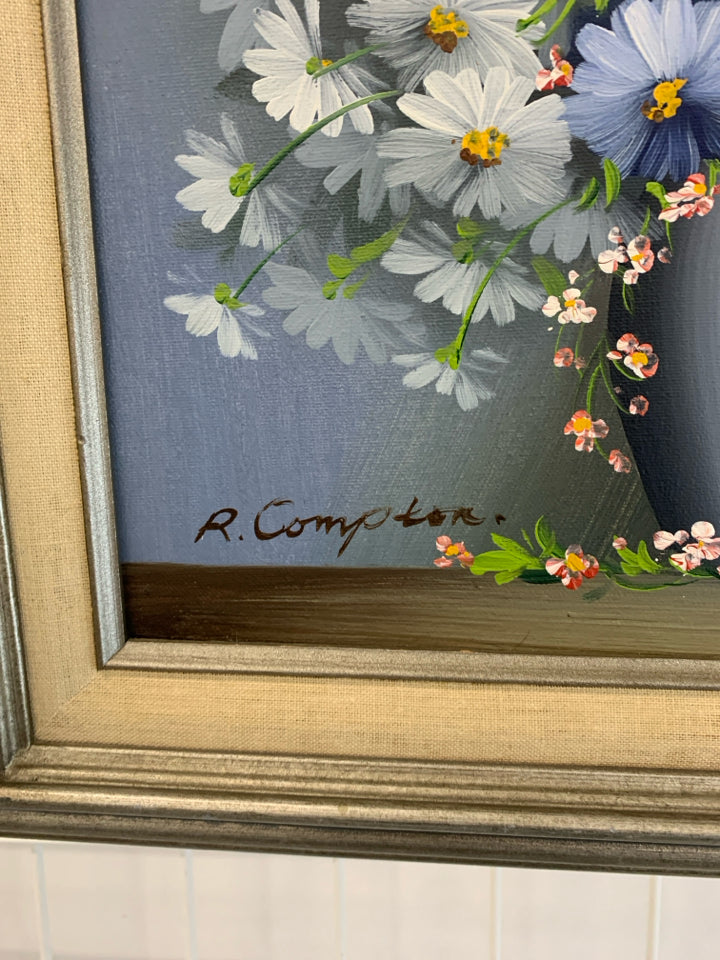 VTG PAINTED BLUE BOUQUET IN FRAME.