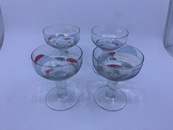 4 FOOTED MOSAIC STAINED WINE GLASSES.