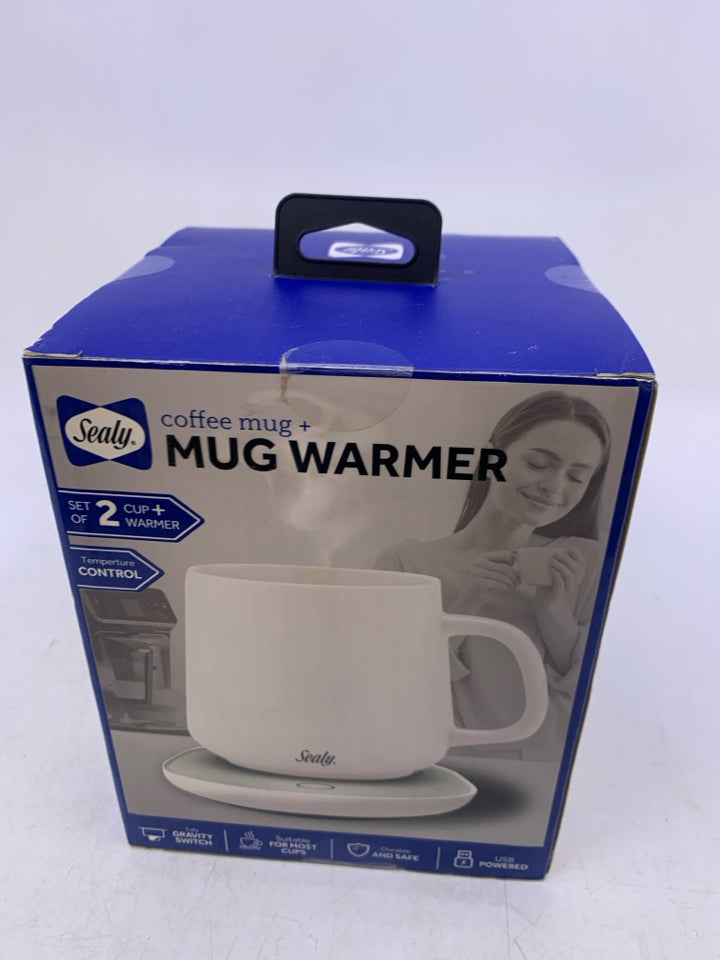 NIB SEALY COFFEE MUG + WARMER WHITE.