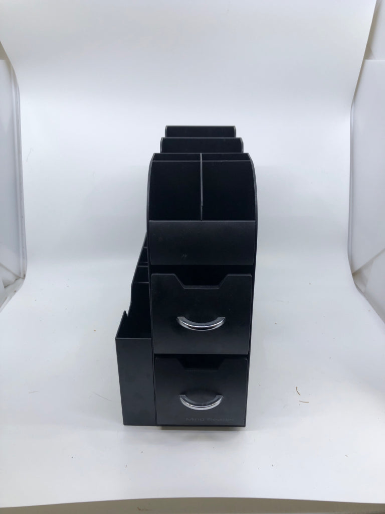 BLACK DESK ORGANIZER W 2 DRAWERS AND FILE SECTION.