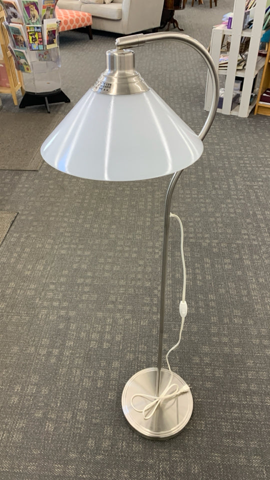 IKEA KROBY SILVER FLOOR LAMP W/WHITE GLASS SHADE.