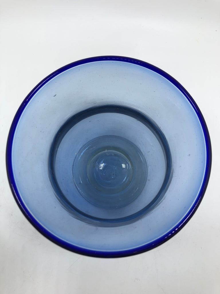 BLUE GLASS HURRICANE VASE.