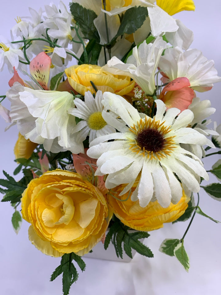 PINK & YELLOW FLORALS IN WHITE SQUARE POT.
