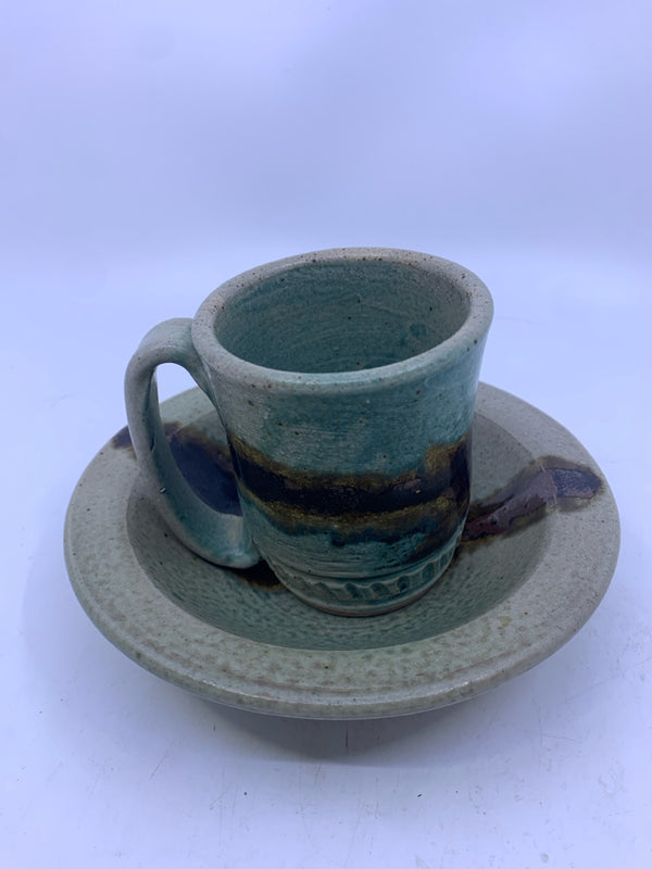 2 PC GREEN & BROWN POTTERY BOWL AND CUP.