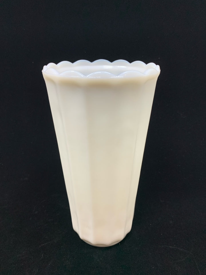 MILK GLASS RIBBED VASE.