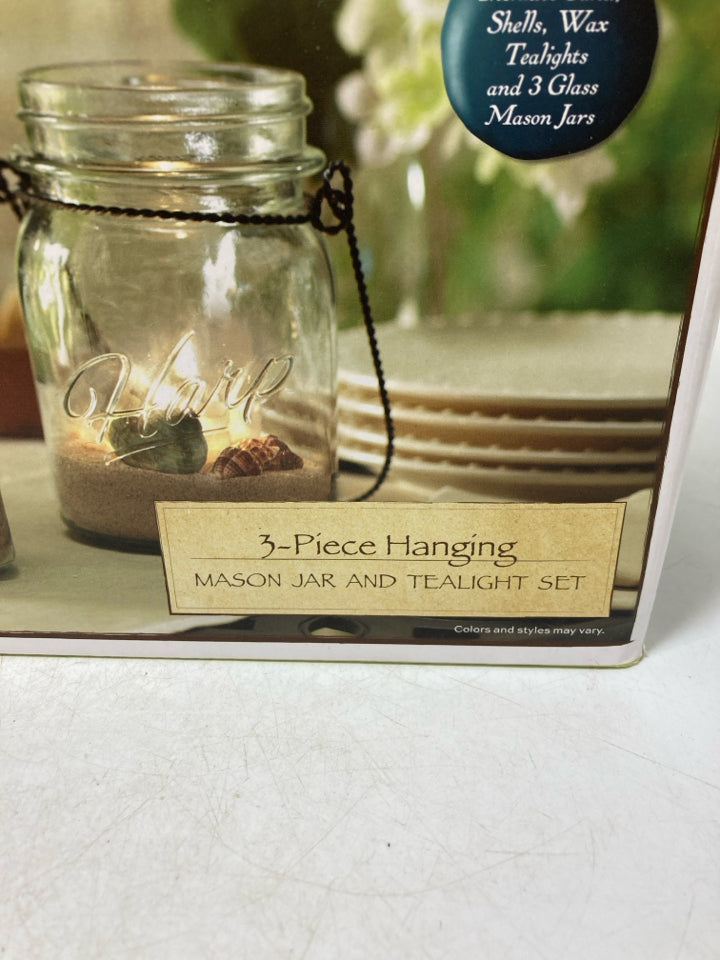 NIB 3 PC HANGING TEA LIGHT MASON JAR SET W/ SAND SHELLS.