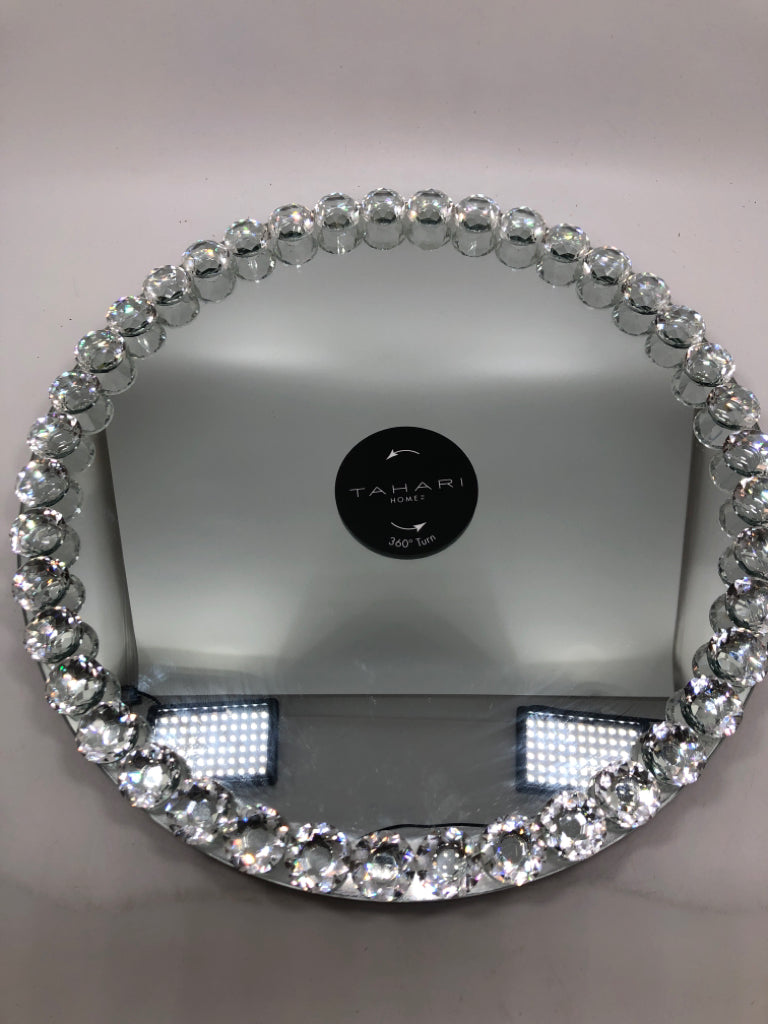 MIRROR LAZY SUZAN W/FAUX CRYSTAL EDGE.