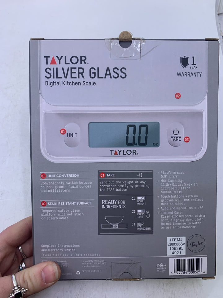 NIB TAYLOR SILVER GLASS DIGITAL KITCHEN SCALE.