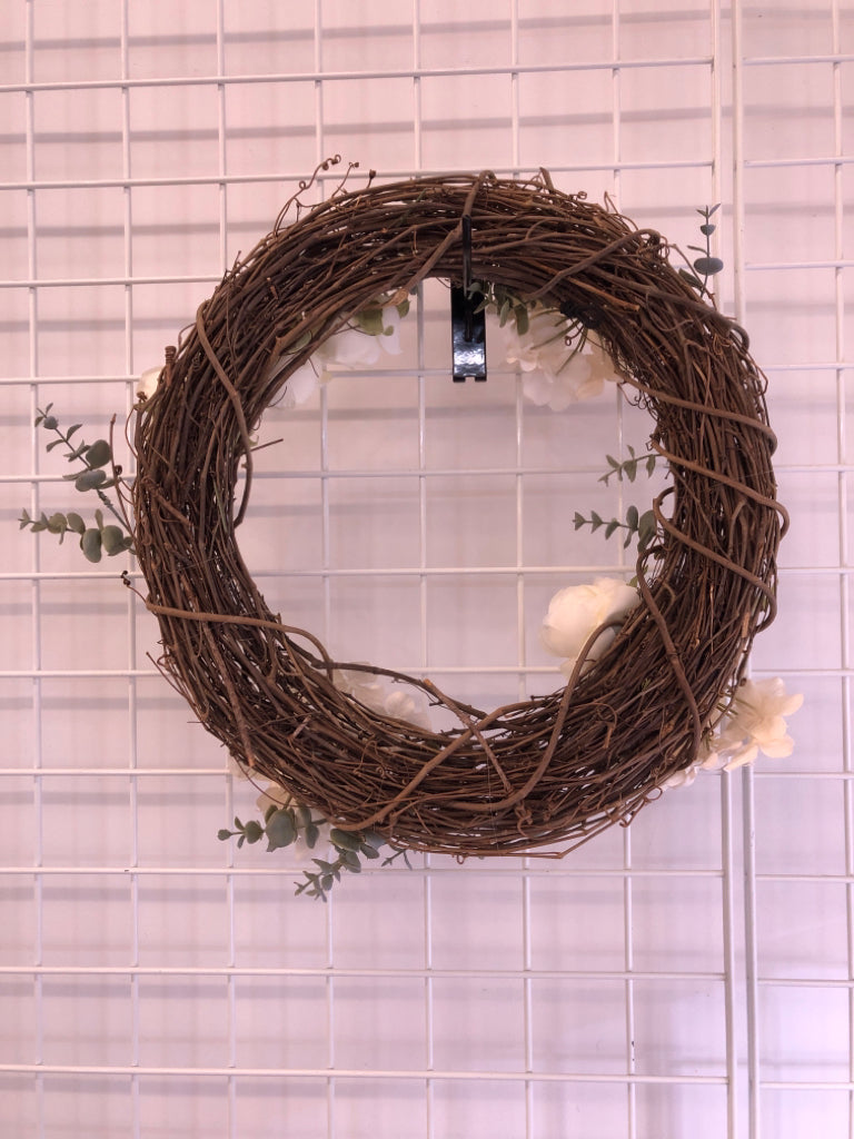 FAUX WHITE ROSES WREATH W/WOVEN TWIGS.