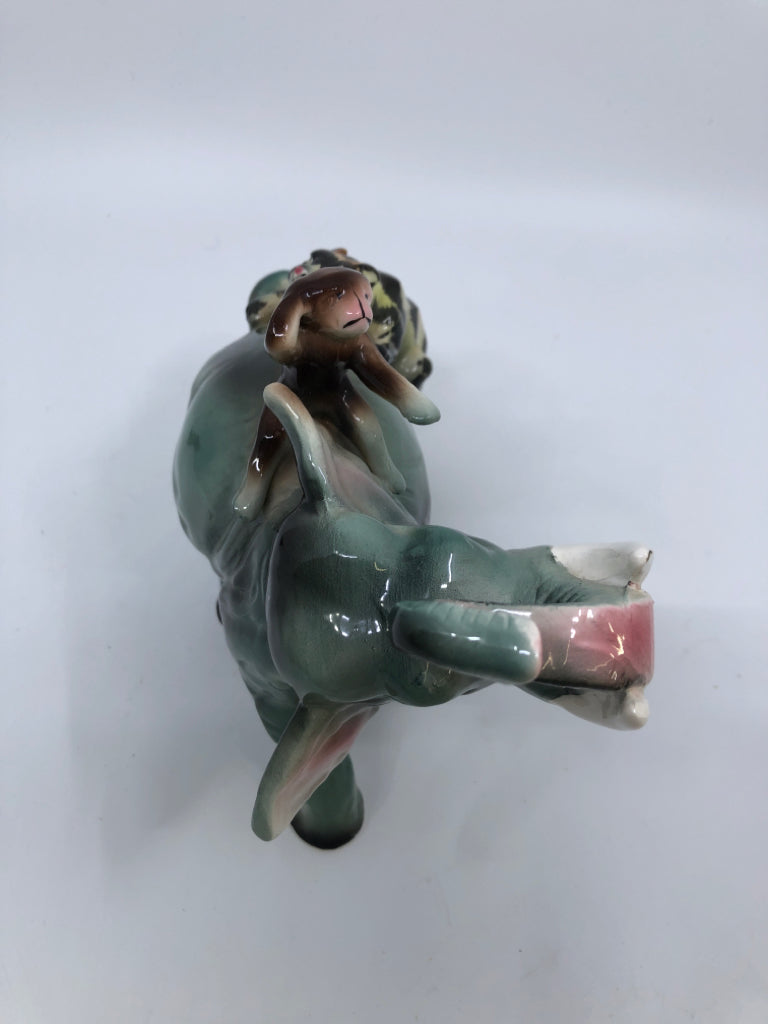CERAMIC ELEPHANT FIGURINE W/TIGER AND MONKEY.