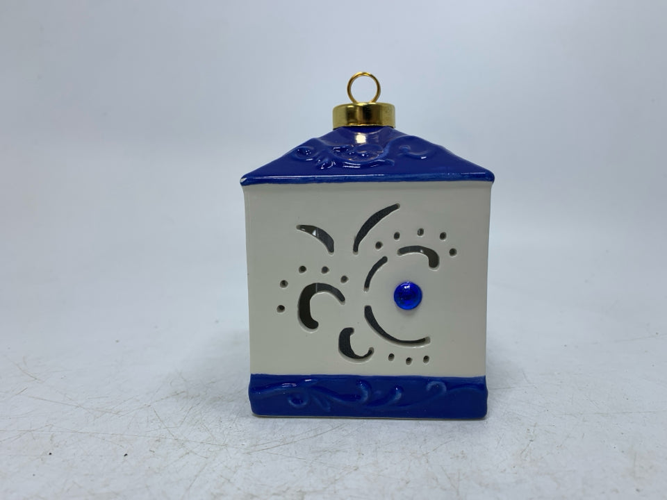 SQUARE PIERCED LIGHT UP CERAMIC ORNAMENT.