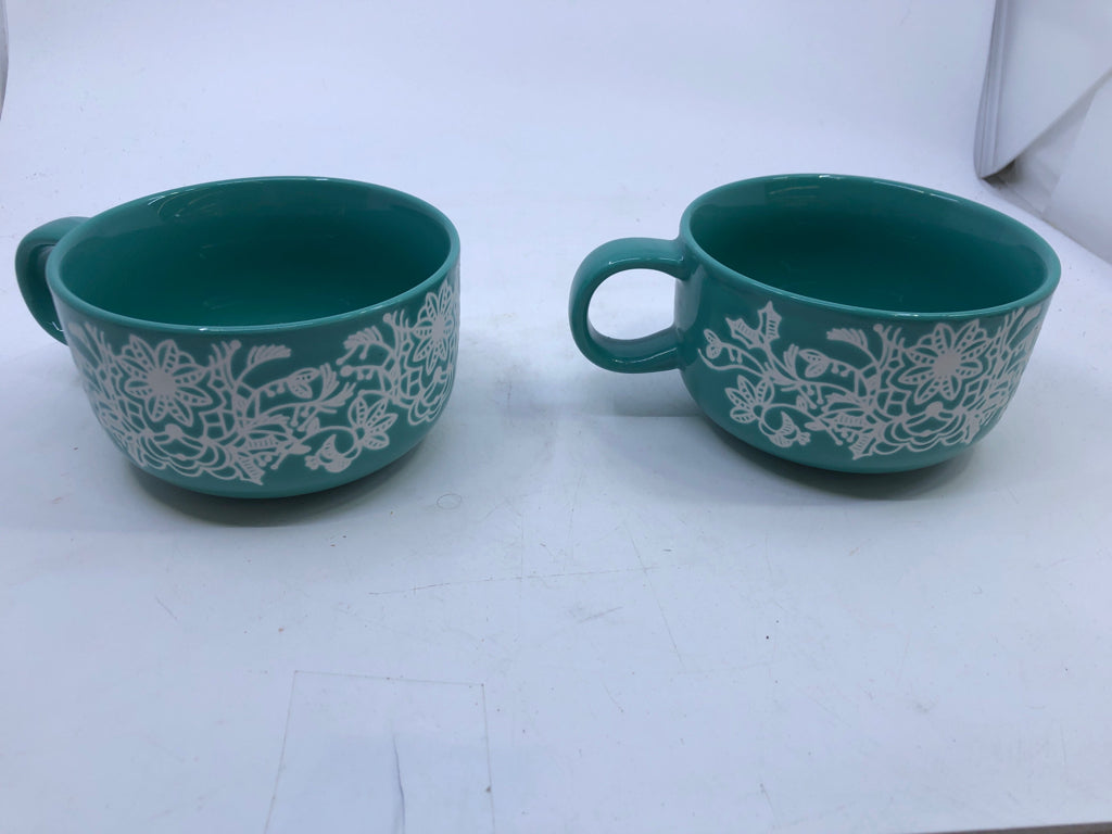 2 TEAL MUGS WHITE LACE-STARBUCKS.