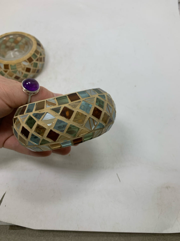 2 SHORT GLASS MOSAIC TEA LIGHT HOLDERS.