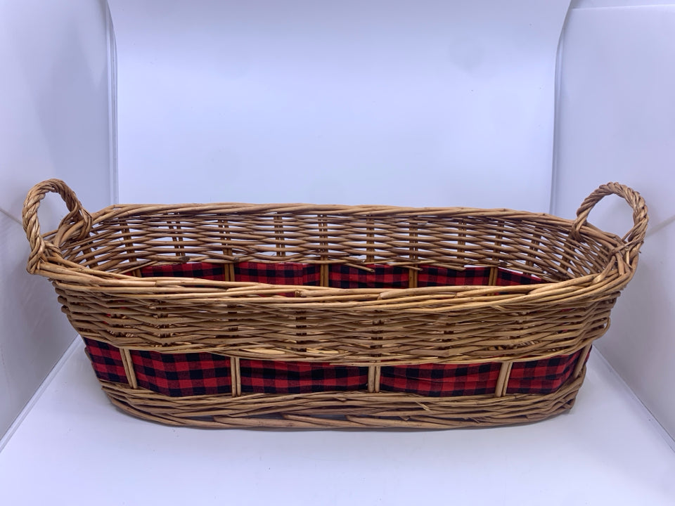 LONG OVAL BASKET W/ BUFFALO PLAID RIBBON.