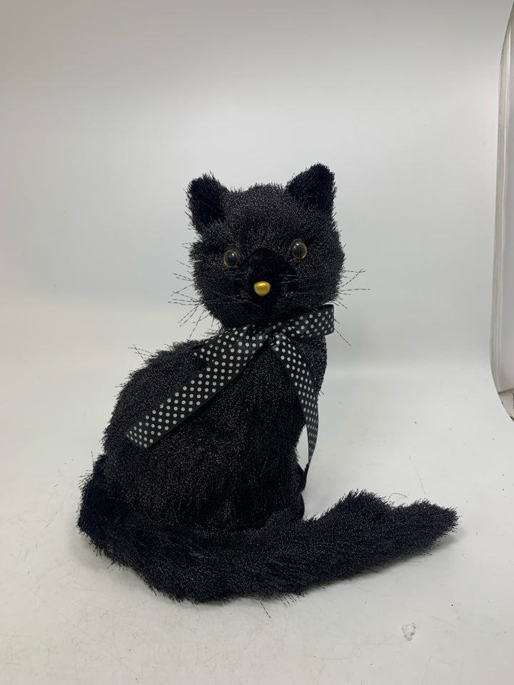 LIGHT WEIGHT SITTING FURRY BLACK CAT W/ RIBBON.