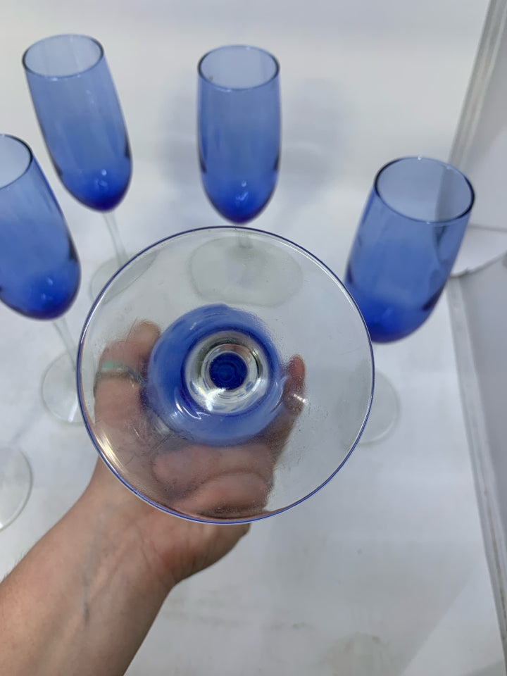 8 CLEAR STEM W/ BLUE BASE CHAMPAGNE GLASSES.